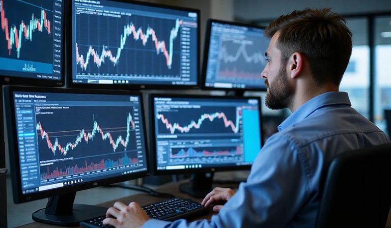 Trader analyzing charts on multiple screens