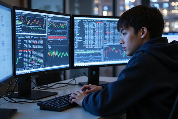 Student analyzing market data on multiple screens